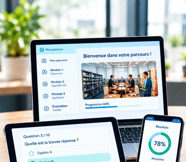 Un parcours e-learning affiché sur ordinateur, un quiz sur tablette et un tableau de résultats sur mobile.